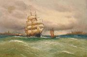 Alfred Jensen Marine mit Segelbooten, im Hintergrund Stadtsilhouette. oil